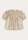 Clementine Floral Smock Detail Short Sleeve Blouse in Coral (2-10yrs) Blouses from Pepa London