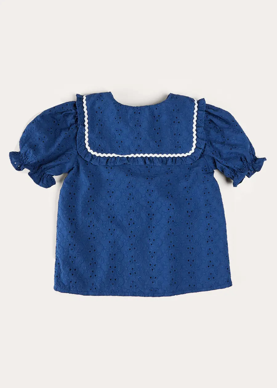 Broderie Anglaise Statement Collar Short Sleeve Blouse in Blue (4-12yrs) BLOUSES from Pepa London