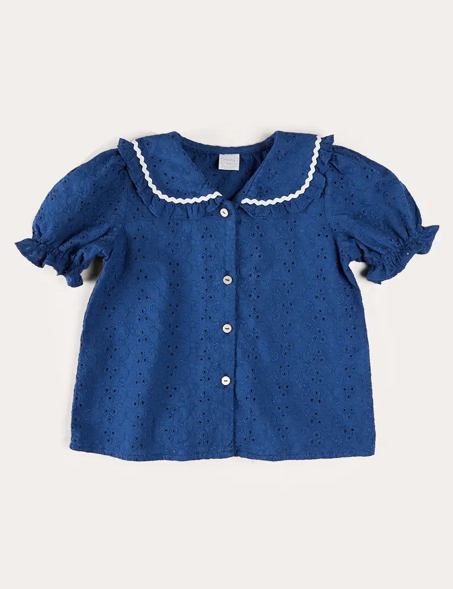 Broderie Anglaise Statement Collar Short Sleeve Blouse in Blue (4-12yrs) BLOUSES from Pepa London
