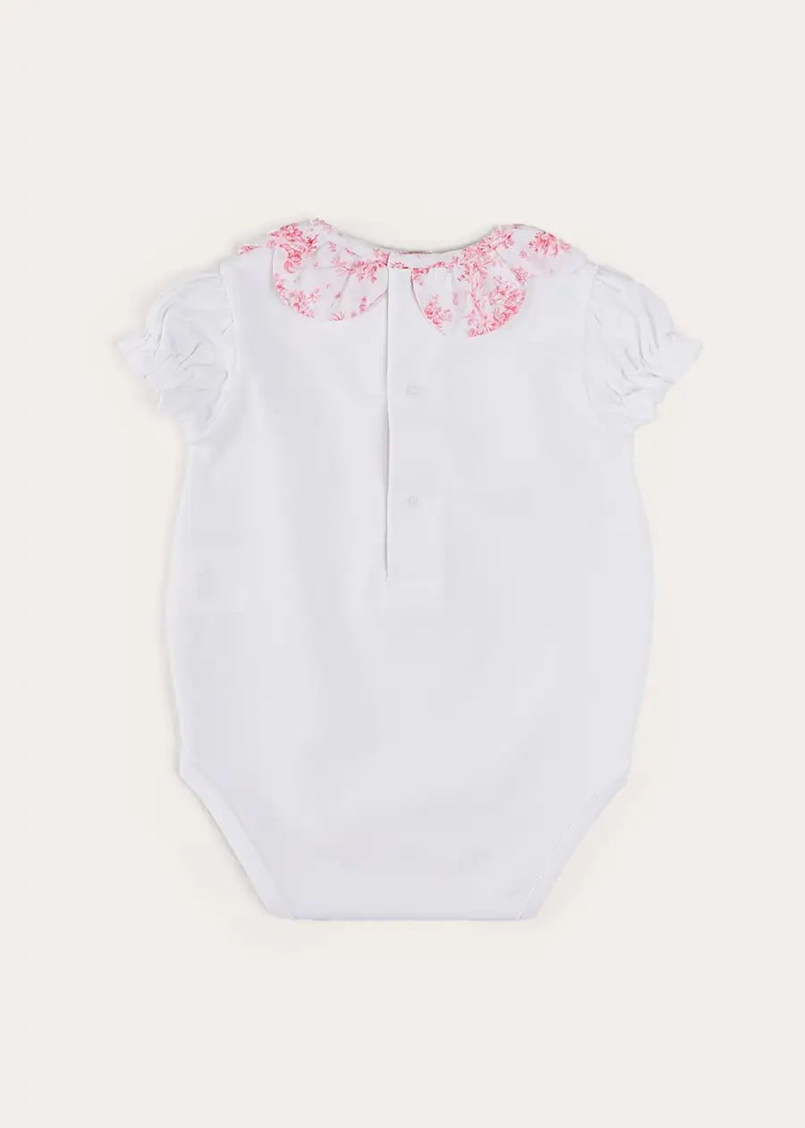 Audrey Toile Scallop Collar Short Sleeve Bodysuit in Pink (1mth-2yrs) TOPS & BODYSUITS from Pepa London