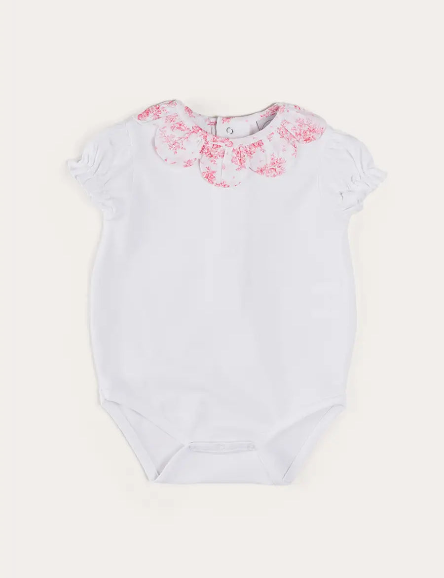 Audrey Toile Scallop Collar Short Sleeve Bodysuit in Pink (1mth-2yrs) TOPS & BODYSUITS from Pepa London