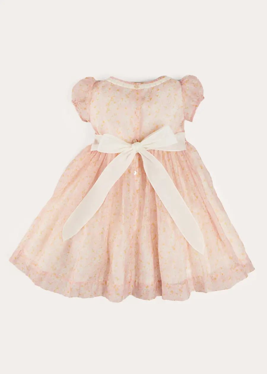 Constance Floral Hand Smocked Short Sleeve Party Dress in Pink (12mths-10yrs) DRESSES from Pepa London