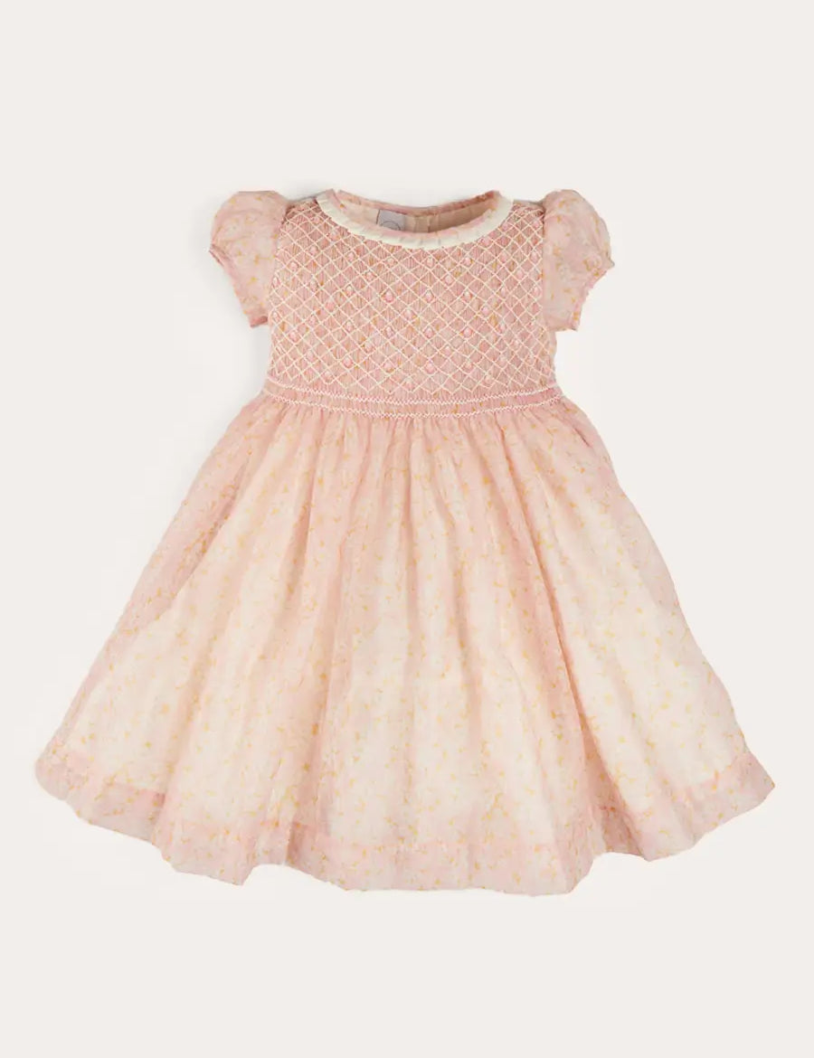 Constance Floral Hand Smocked Short Sleeve Party Dress in Pink (12mths-10yrs) DRESSES from Pepa London