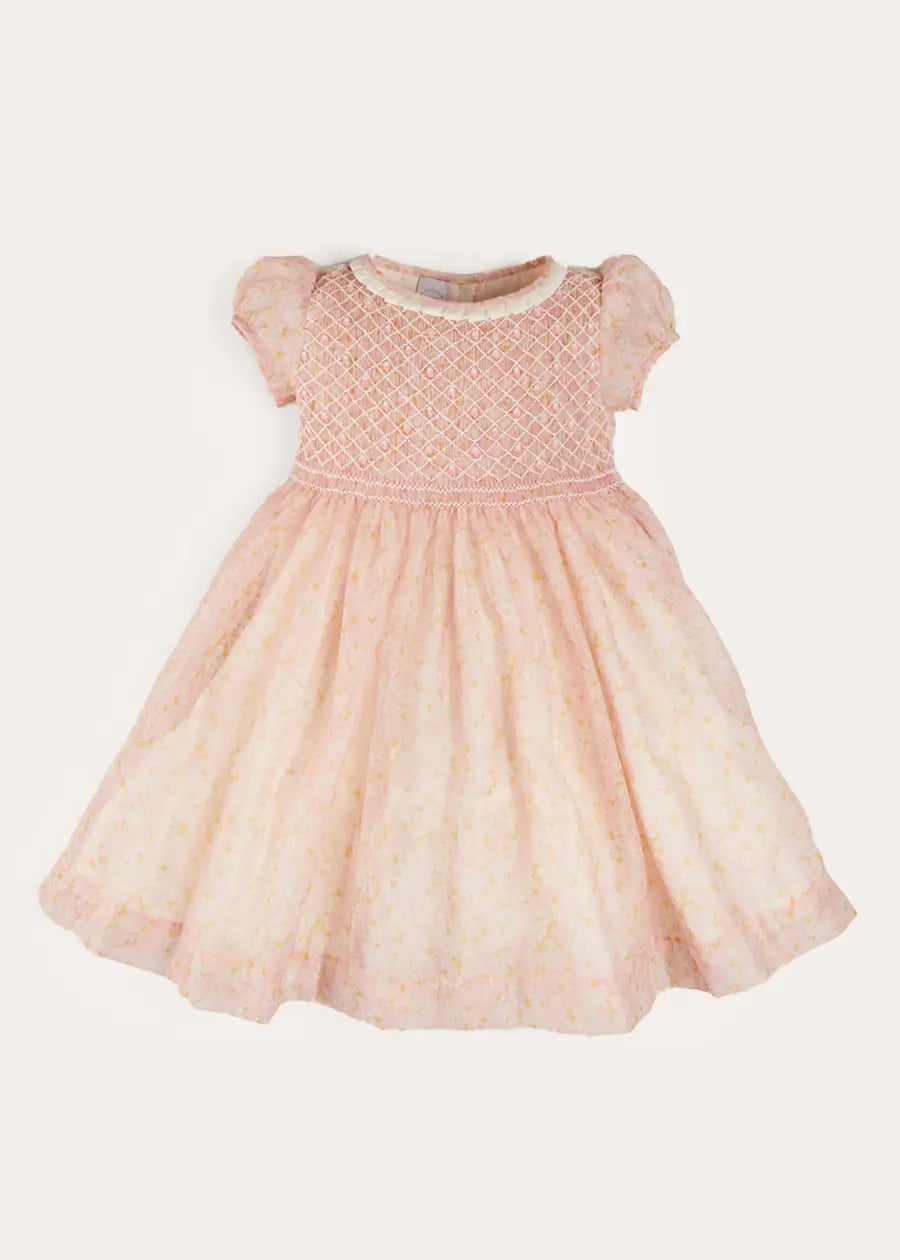 Constance Floral Hand smocked Short sleeve Party Dress in Pink | Pepa London Constance Floral Hand smocked Short sleeve Party Dress in Pink | Pepa London