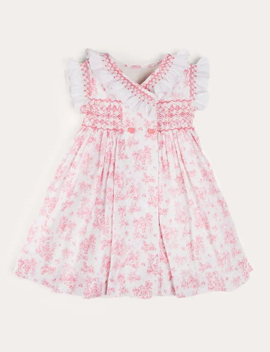 Audrey Toile Hand Smocked Double Breasted Sleeveless Dress in Pink (12mths-10yrs) DRESSES from Pepa London