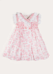 Audrey Toile Hand Smocked Double Breasted Sleeveless Dress in Pink (12mths-10yrs) DRESSES from Pepa London