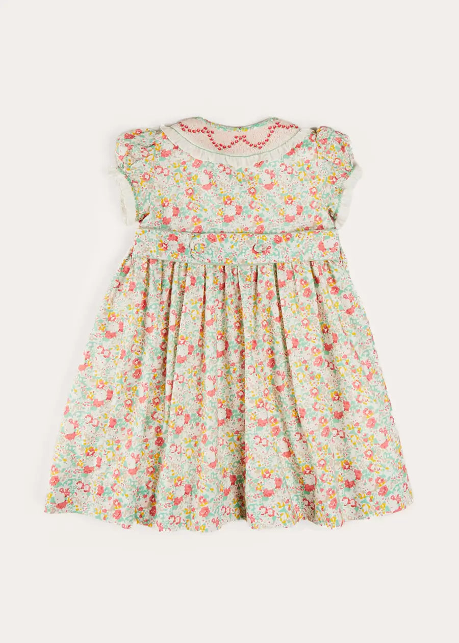Clementine Floral Hand Smocked Double Breasted Short Sleeve Dress in Coral (12mths-10yrs) DRESSES from Pepa London