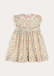 Clementine Floral Hand Smocked Double Breasted Short Sleeve Dress in Coral (12mths-10yrs) DRESSES from Pepa London