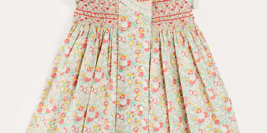 Clementine Floral Hand Smocked Double Breasted Short Sleeve Dress in Coral (12mths-10yrs) DRESSES from Pepa London