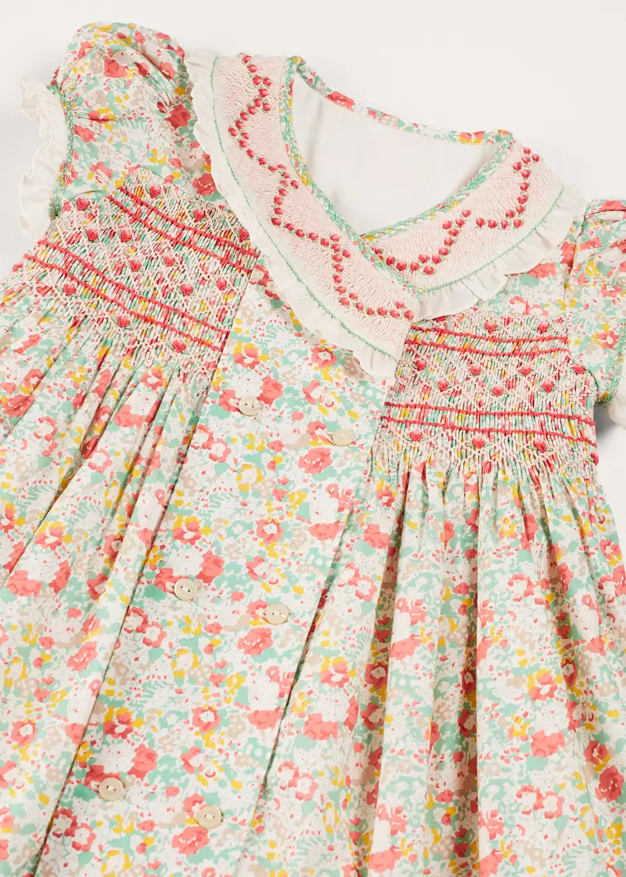 Clementine Floral Hand Smocked Double Breasted Short Sleeve Dress in Coral (12mths-10yrs) DRESSES from Pepa London