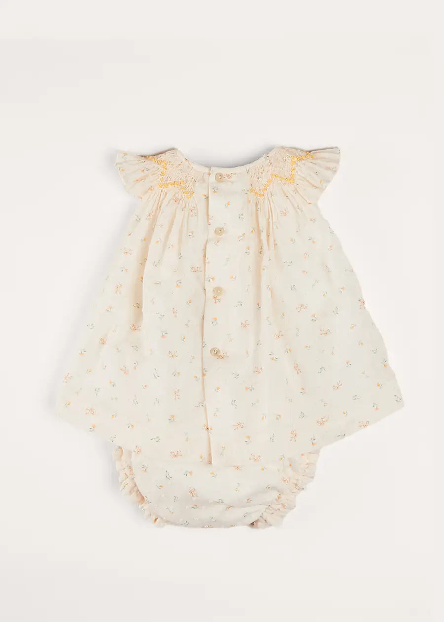 Esme Floral Hand Smocked Sleeveless Dress With Bloomers in White (1-12mths) DRESSES from Pepa London
