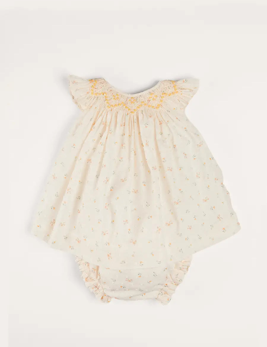 Esme Floral Hand Smocked Sleeveless Dress With Bloomers in White (1-12mths) DRESSES from Pepa London