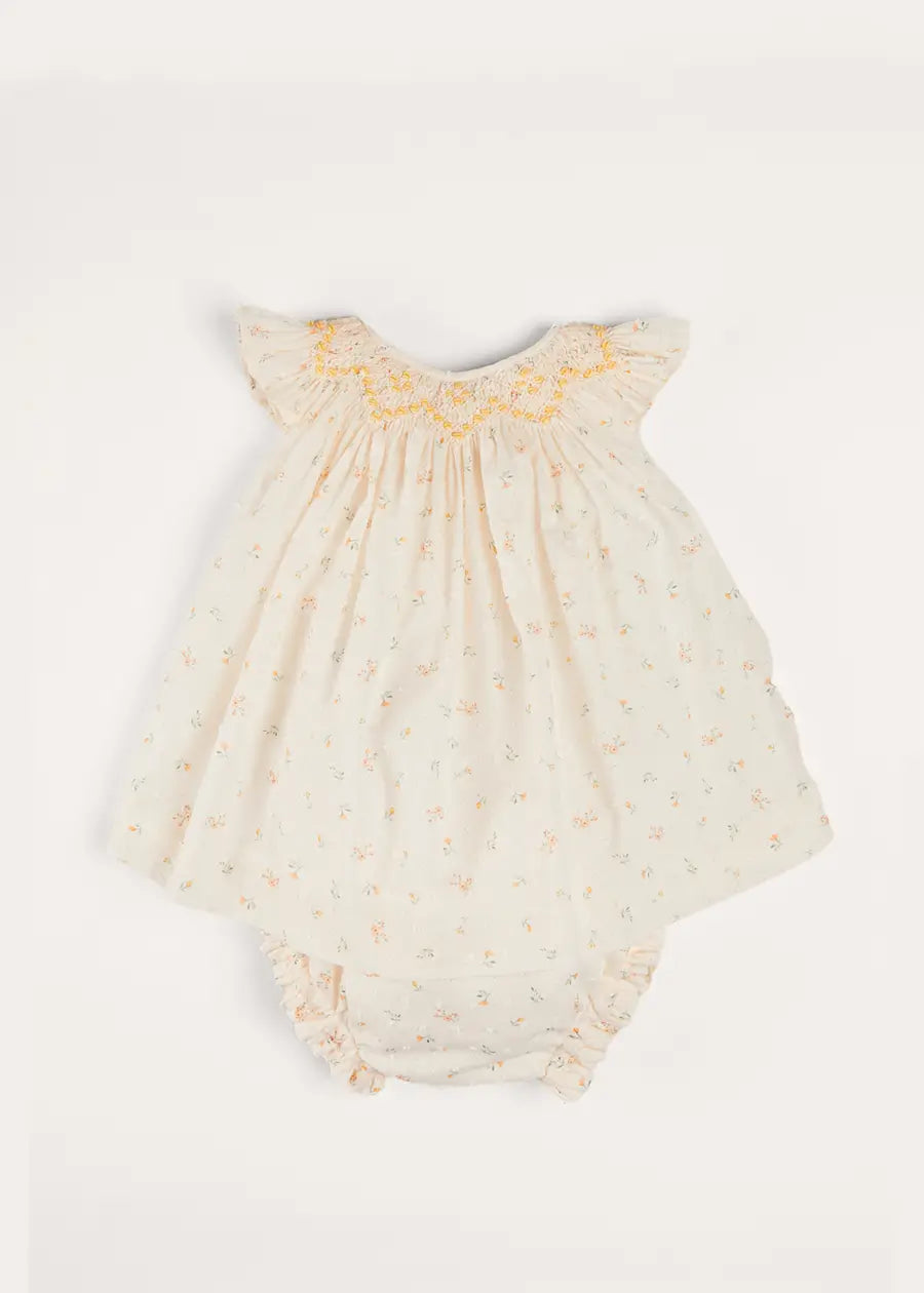 Esme Floral Hand Smocked Sleeveless Dress With Bloomers in White (1-12mths) DRESSES from Pepa London