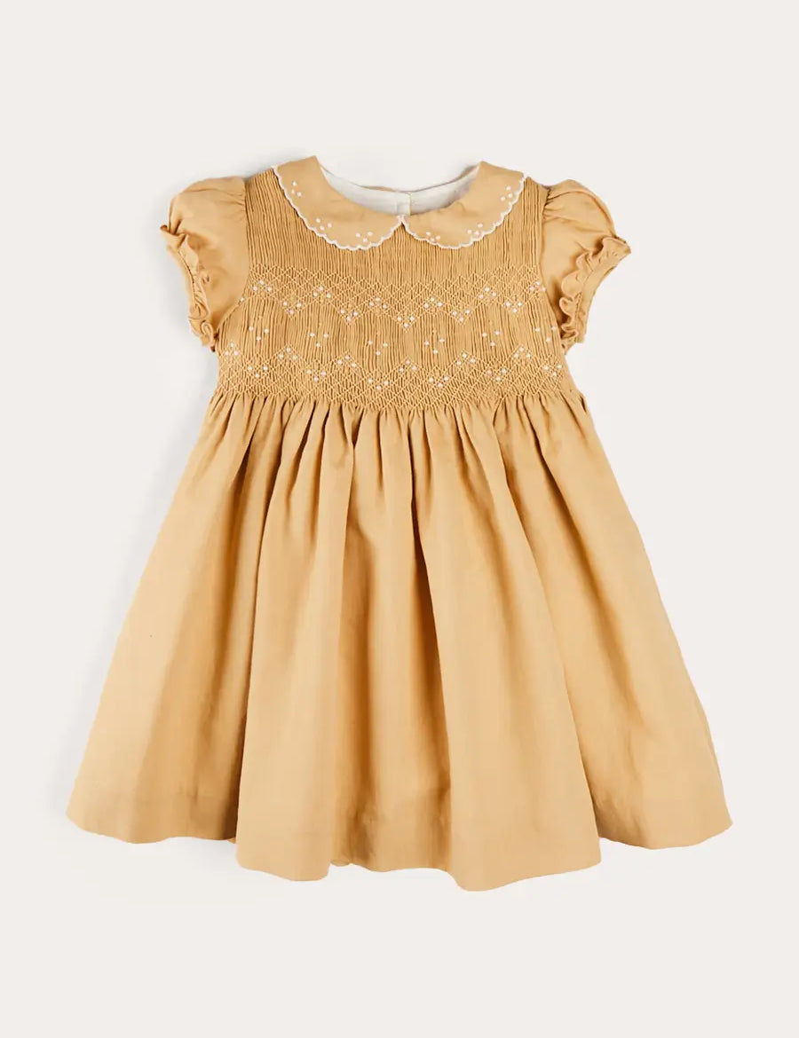 Hand Smocked Peter Pan Collar Short Sleeve Dress in Beige (12mths-10yrs) DRESSES from Pepa London