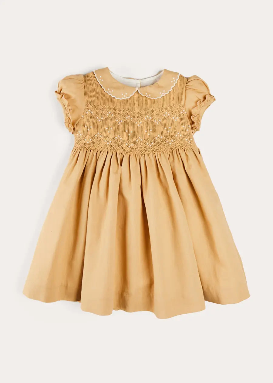 Hand Smocked Peter Pan Collar Short Sleeve Dress in Beige (12mths-10yrs) DRESSES from Pepa London