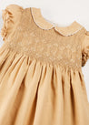 Hand Smocked Peter Pan Collar Short Sleeve Dress in Beige (12mths-10yrs) DRESSES from Pepa London