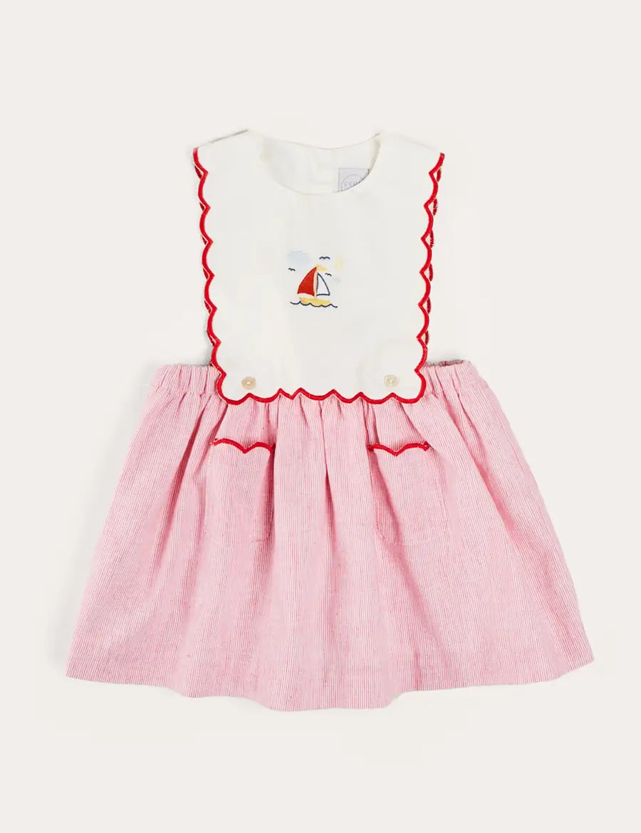 Lawrence Striped Boat Embroidered Scallop Detail Pinafore Skirt in Red (18mths-4yrs) SKIRTS from Pepa London