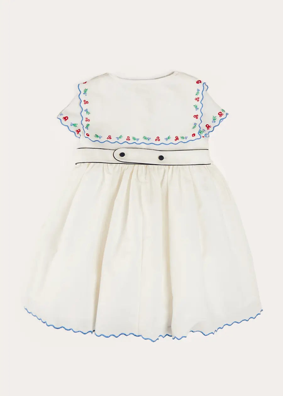 Embroidered Mariner Collar Short Sleeve Dress in White (12mths-10yrs) DRESSES from Pepa London