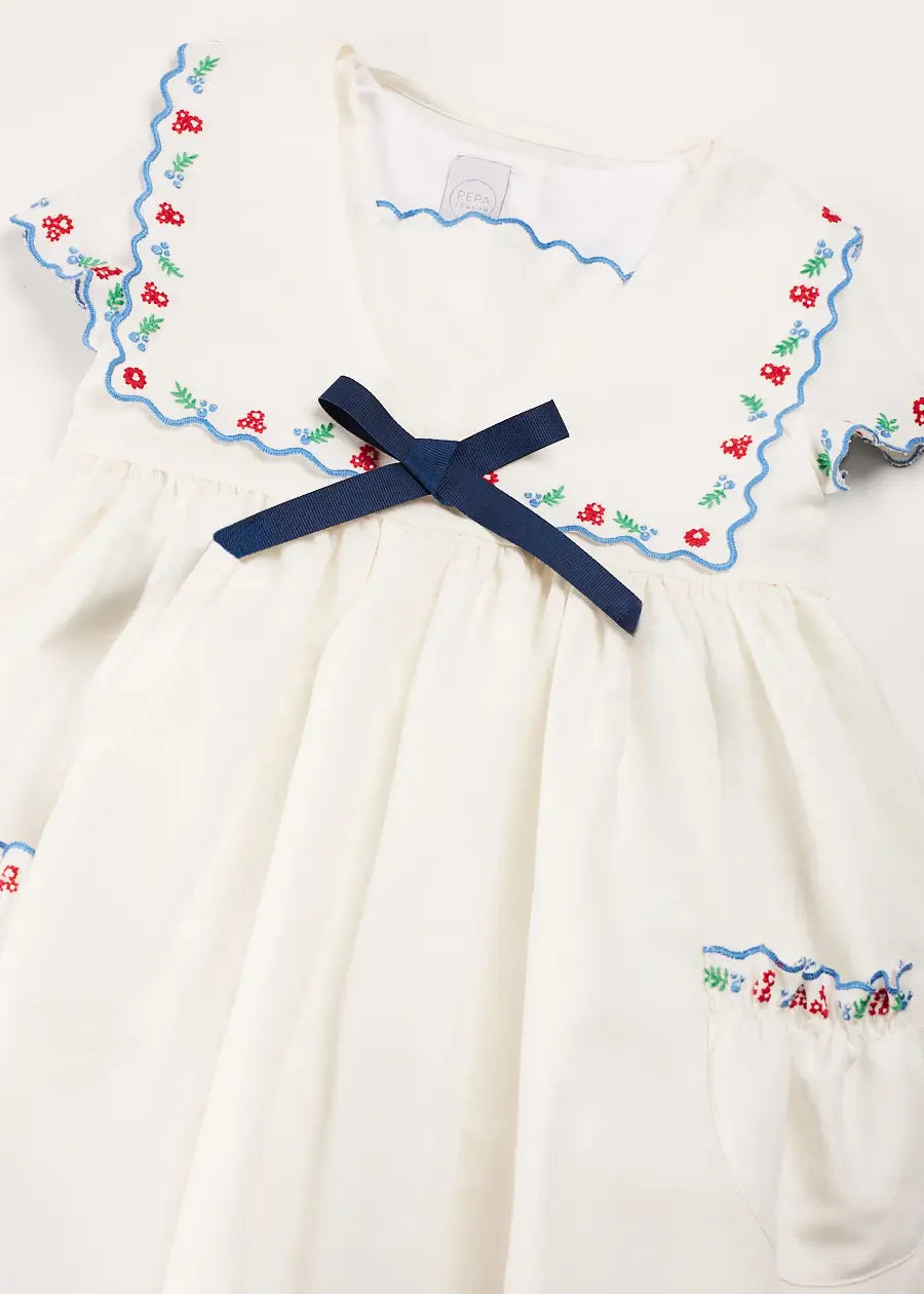 Embroidered Mariner Collar Short Sleeve Dress in White (12mths-10yrs) DRESSES from Pepa London