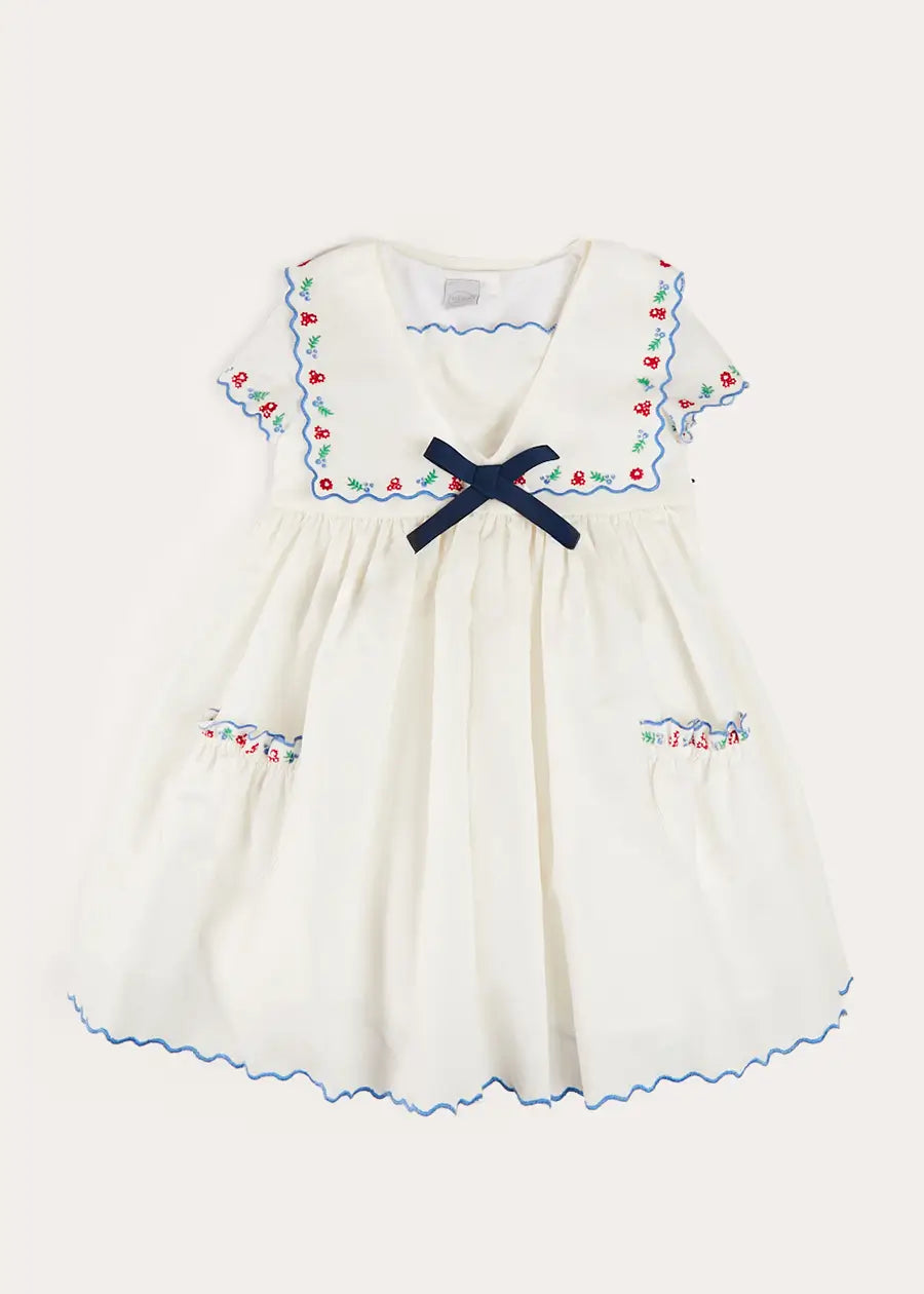 Embroidered Mariner Collar Short Sleeve Dress in White (12mths-10yrs) DRESSES from Pepa London
