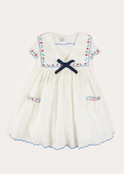 Embroidered Mariner Collar Short Sleeve Dress in White (12mths-10yrs) DRESSES from Pepa London
