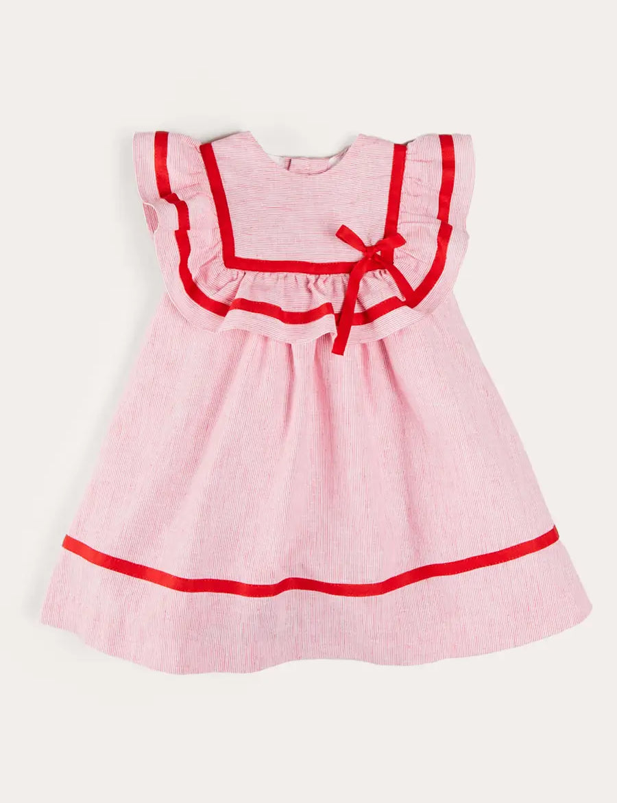 Lawrence Striped Ruffle Bib Sleeveless Dress in Red (12mths-8yrs) DRESSES from Pepa London