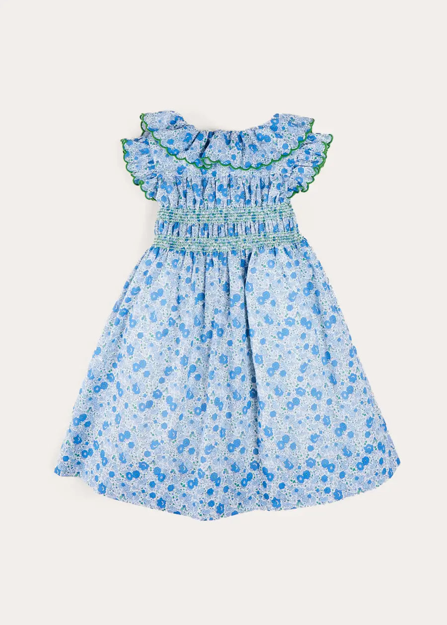 Olivia Floral Smocked Ruffle Collar Sleeveless Dress in Blue (12mths-10yrs) DRESSES from Pepa London