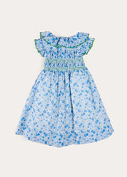 Olivia Floral Smocked Ruffle Collar Sleeveless Dress in Blue (12mths-10yrs) DRESSES from Pepa London