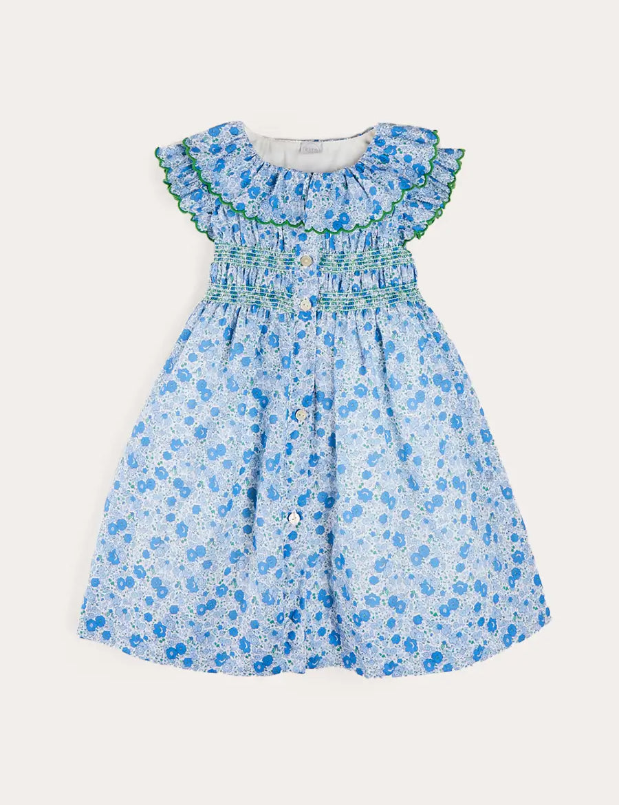 Olivia Floral Smocked Ruffle Collar Sleeveless Dress in Blue (12mths-10yrs) DRESSES from Pepa London