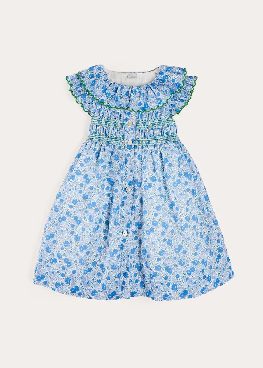 Olivia Floral Smocked Ruffle Collar Sleeveless Dress in Blue (12mths-10yrs) DRESSES from Pepa London