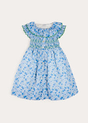 Olivia Floral Smocked Ruffle Collar Sleeveless Dress in Blue (12mths-10yrs) DRESSES from Pepa London
