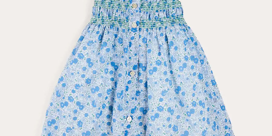 Olivia Floral Smocked Ruffle Collar Sleeveless Dress in Blue (12mths-10yrs) DRESSES from Pepa London