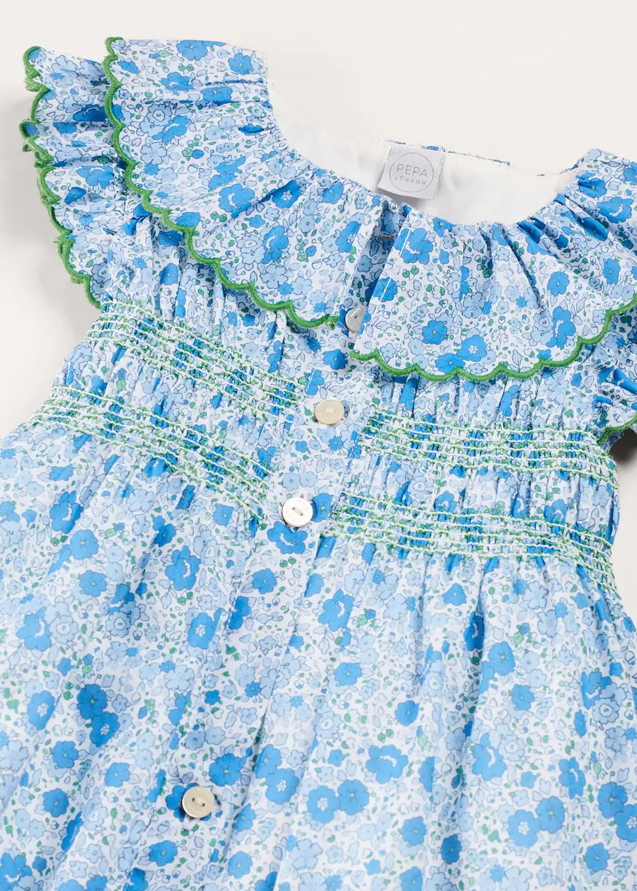 Olivia Floral Smocked Ruffle Collar Sleeveless Dress in Blue (12mths-10yrs) DRESSES from Pepa London