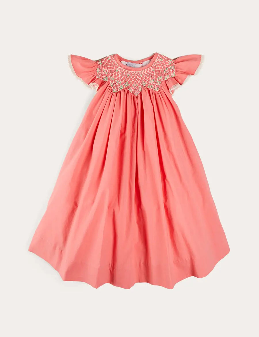 Plain Hand Smocked Sleeveless Dress in Coral (12mths-10yrs) DRESSES from Pepa London