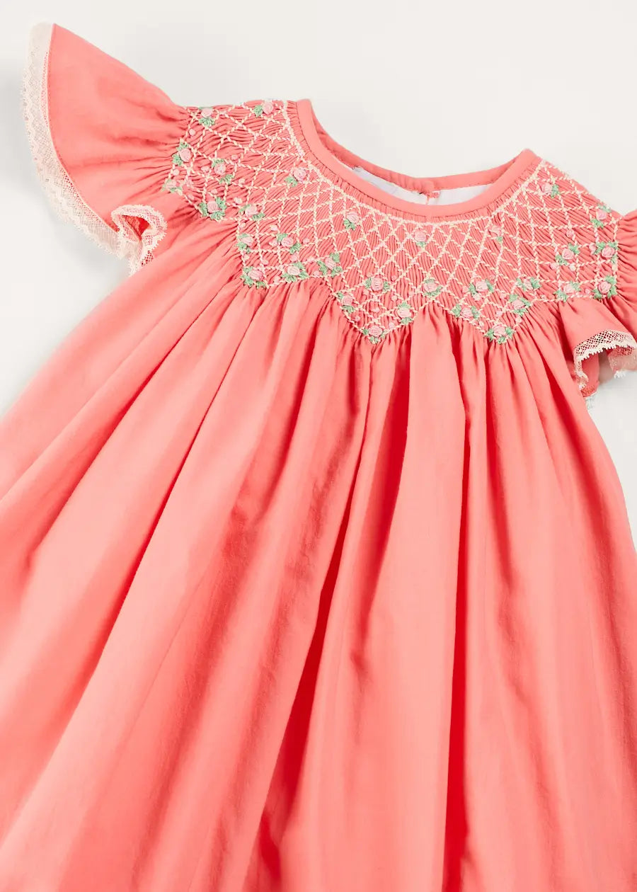 Plain Hand Smocked Sleeveless Dress in Coral (12mths-10yrs) DRESSES from Pepa London
