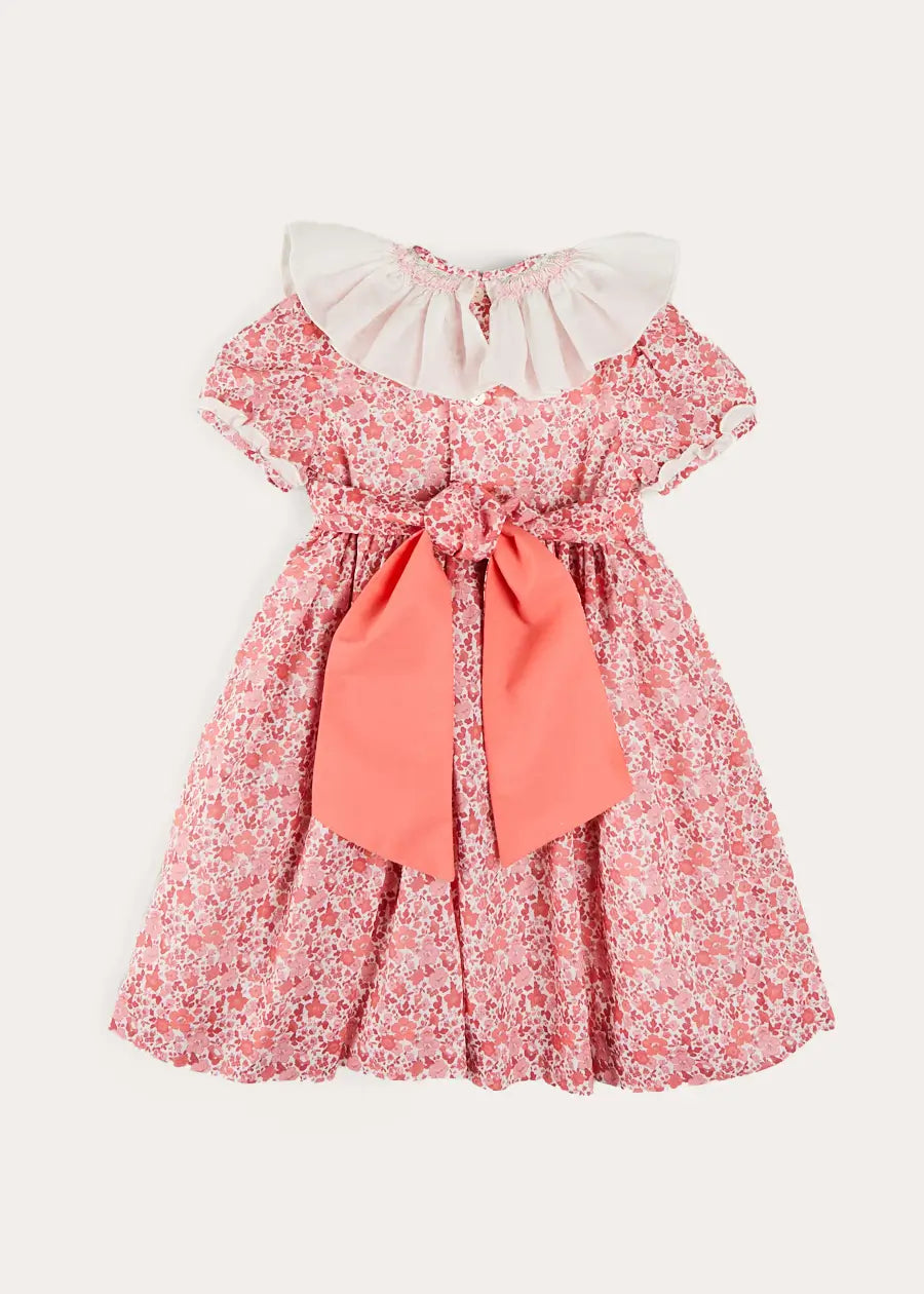 Emilia Floral Hand Smocked Ruffle Collar Short Sleeve Dress in Pink (12mths-10yrs) DRESSES from Pepa London