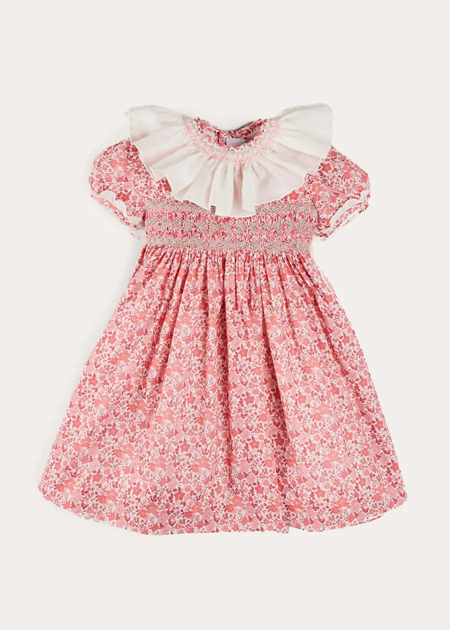 Emilia Floral Hand Smocked Ruffle Collar Short Sleeve Dress in Pink (12mths-10yrs) DRESSES from Pepa London