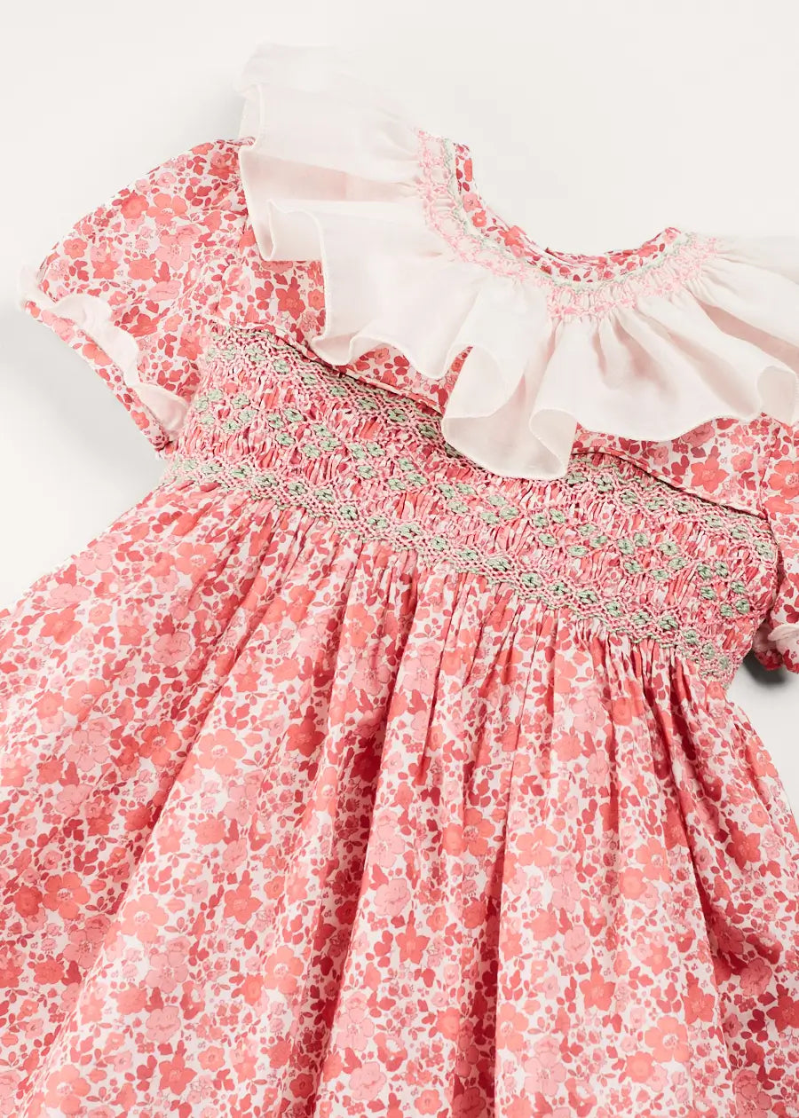 Emilia Floral Hand Smocked Ruffle Collar Short Sleeve Dress in Pink (12mths-10yrs) DRESSES from Pepa London