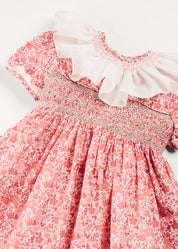 Emilia Floral Hand Smocked Ruffle Collar Short Sleeve Dress in Pink (12mths-10yrs) DRESSES from Pepa London