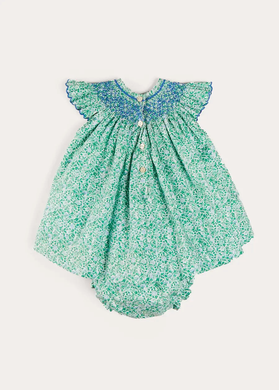 Adelaide Floral Hand Smocked Sleeveless Dress With Bloomers in Green (3mths-3yrs) DRESSES from Pepa London