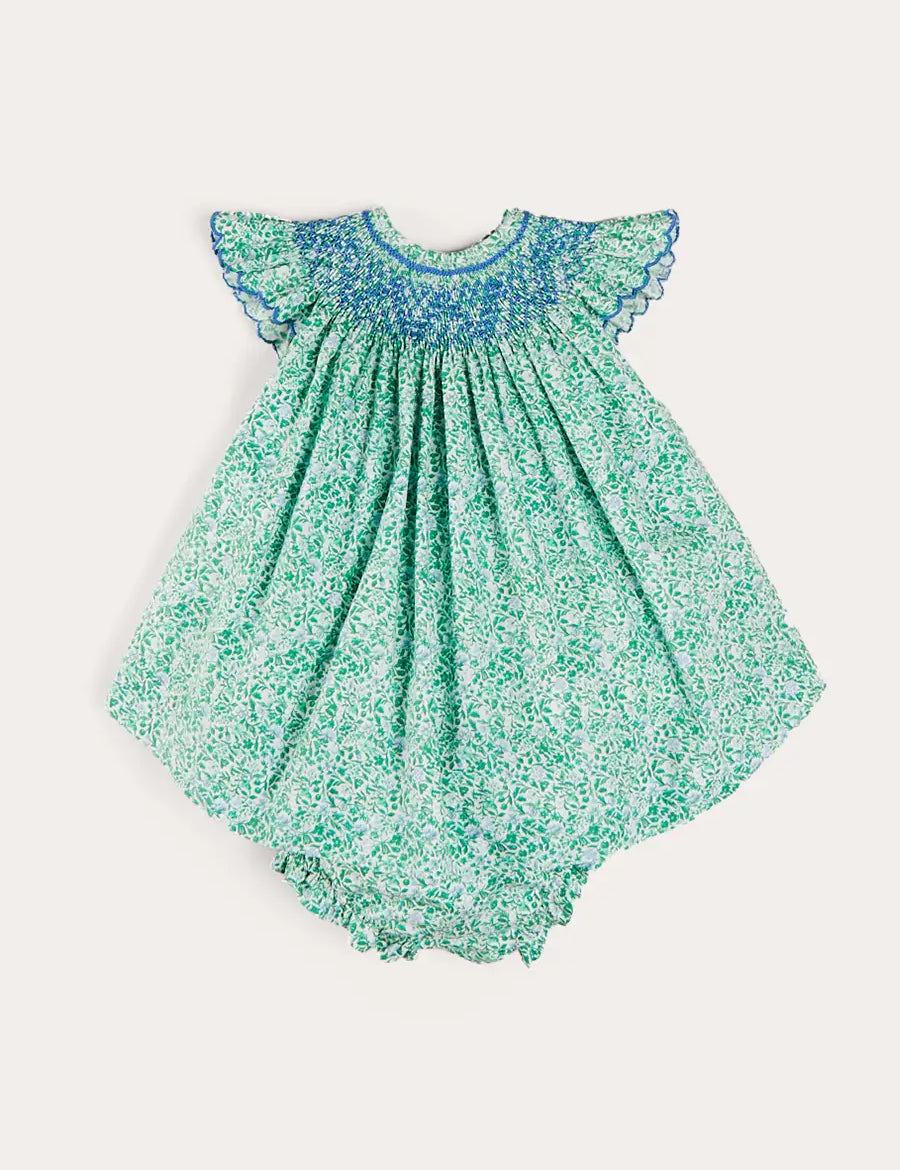 Adelaide Floral Hand Smocked Sleeveless Dress With Bloomers in Green (3mths-3yrs) DRESSES from Pepa London