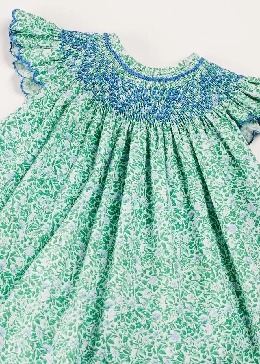 Adelaide Floral Hand Smocked Sleeveless Dress With Bloomers in Green (3mths-3yrs) DRESSES from Pepa London