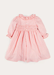Gingham Smocked Ruffle Collar Long Sleeve Dress in Coral (12mths-10yrs) DRESSES from Pepa London