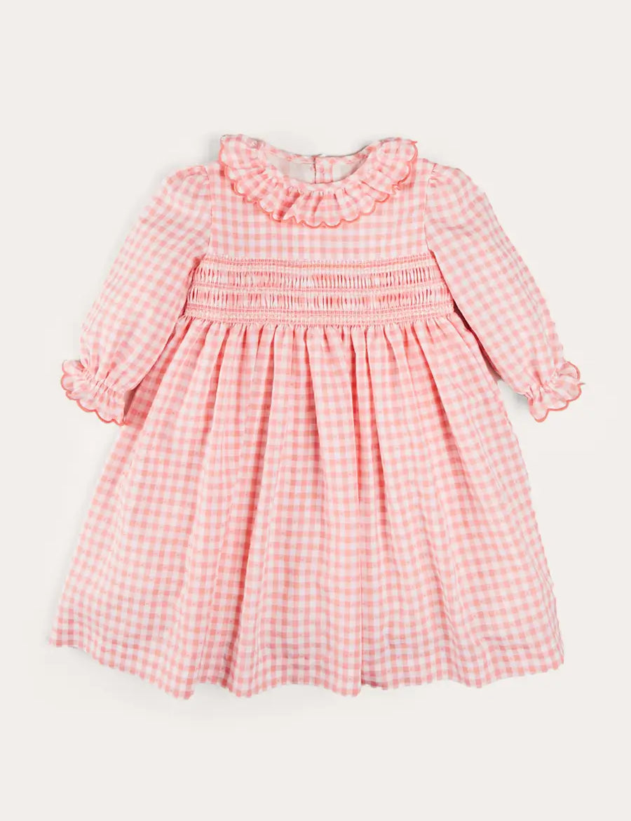 Gingham Smocked Ruffle Collar Long Sleeve Dress in Coral (12mths-10yrs) DRESSES from Pepa London