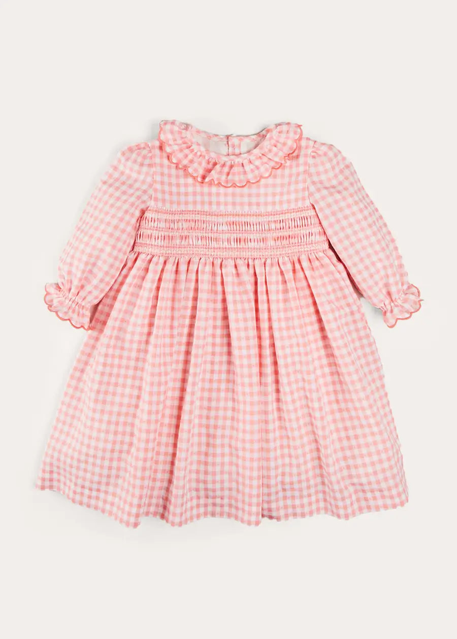 Gingham Smocked Ruffle Collar Long Sleeve Dress in Coral (12mths-10yrs) DRESSES from Pepa London