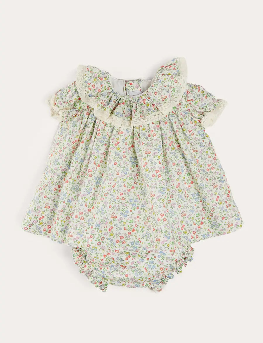 Cordelia Floral Ruffle Collar Short Sleeve Dress in Green Made with Liberty Fabric (1-12m) DRESSES from Pepa London