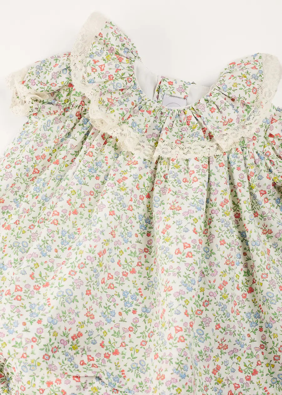 Cordelia Floral Ruffle Collar Short Sleeve Dress in Green Made with Liberty Fabric (1-12m) DRESSES from Pepa London