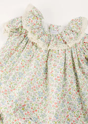 Cordelia Floral Ruffle Collar Short Sleeve Dress in Green Made with Liberty Fabric (1-12m) DRESSES from Pepa London