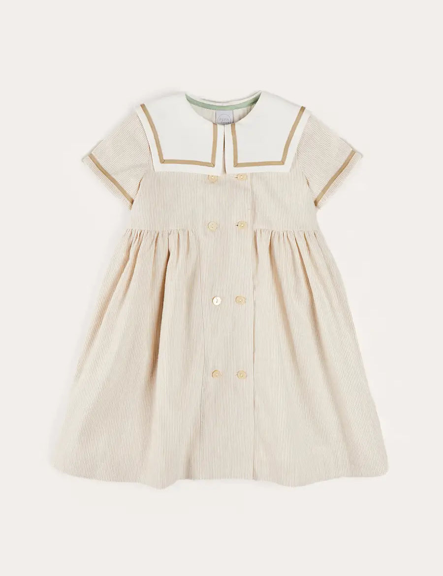 Waterford Striped Mariner Collar Double Breasted Short Sleeve Dress in Beige (12mths-10yrs) DRESSES from Pepa London