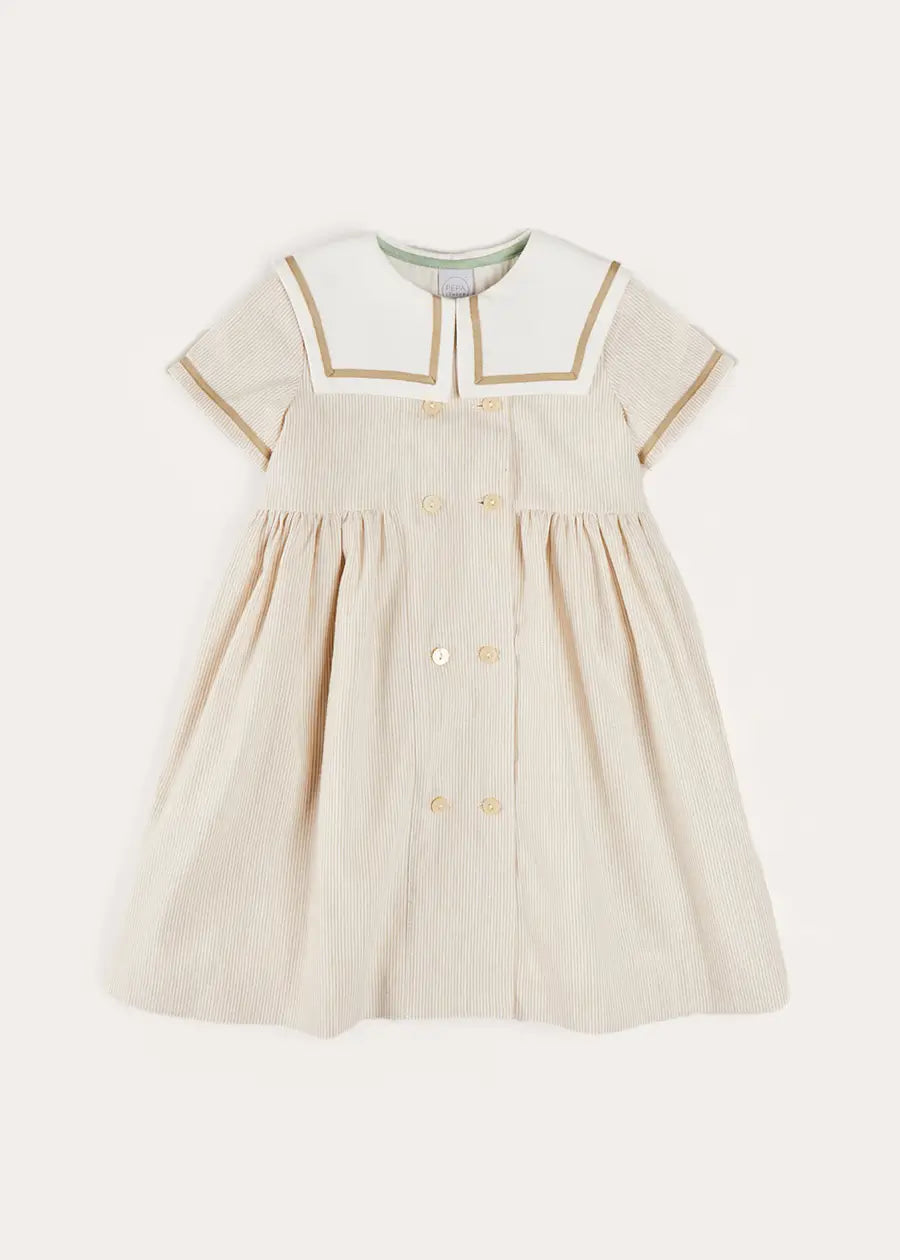 Waterford Striped Mariner Collar Double Breasted Short Sleeve Dress in Beige (12mths-10yrs) DRESSES from Pepa London
